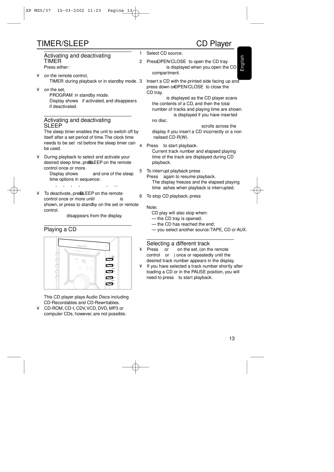 Philips MZ5 warranty CD Player, Activating and deactivating, Playing a CD, Selecting a different track 