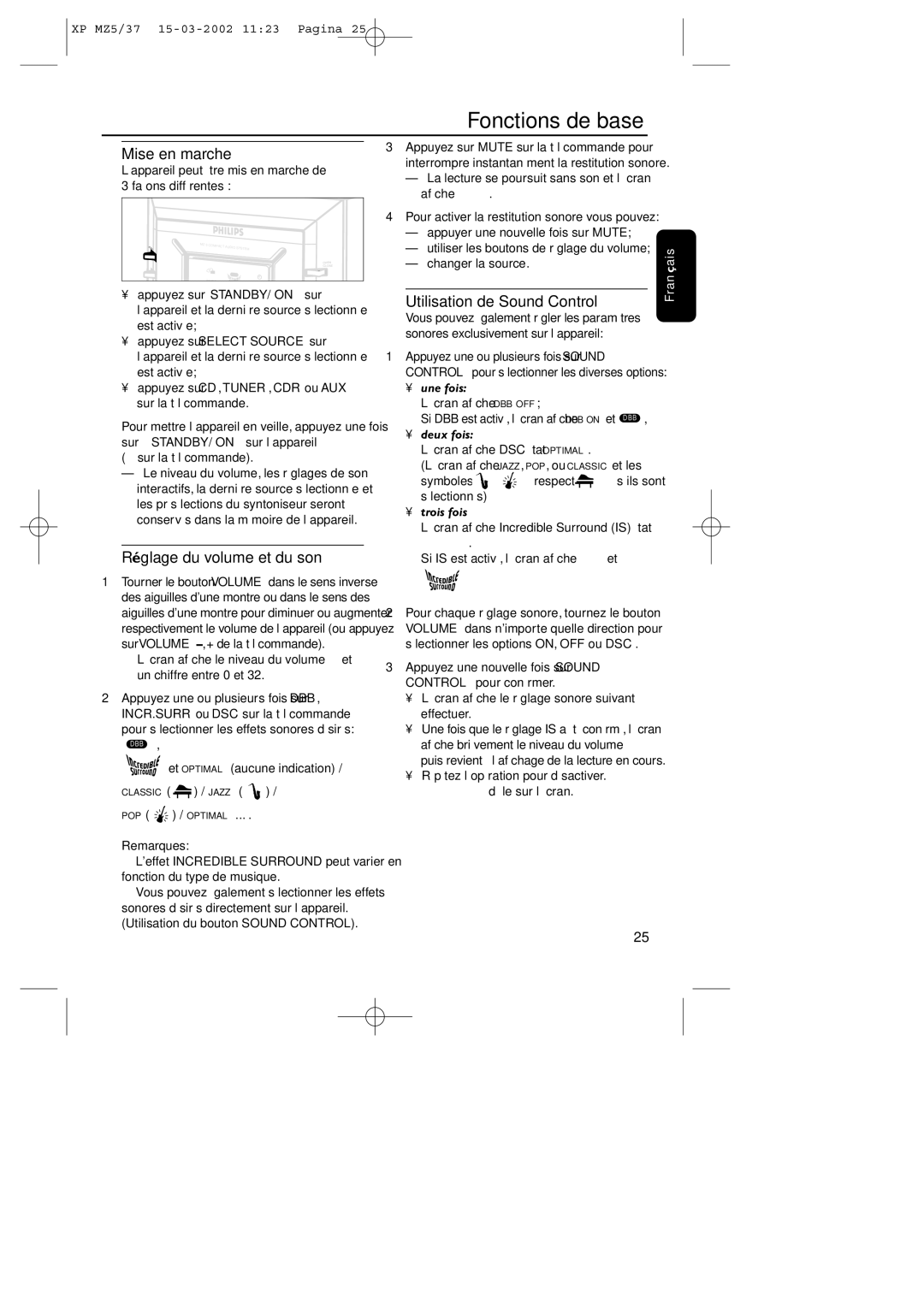 Philips MZ5 warranty Fonctions de base, Mise en marche, Réglage du volume et du son, Utilisation de Sound Control 