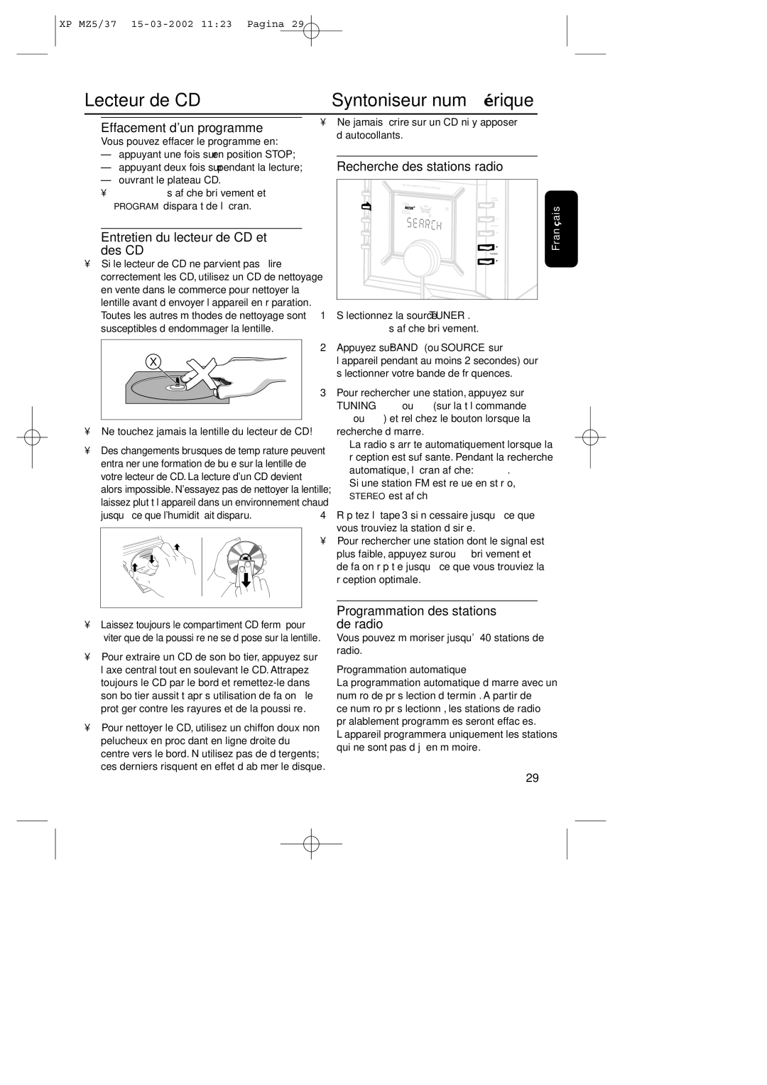 Philips MZ5 warranty Syntoniseur numérique, Effacement dun programme, Entretien du lecteur de CD et des CD 