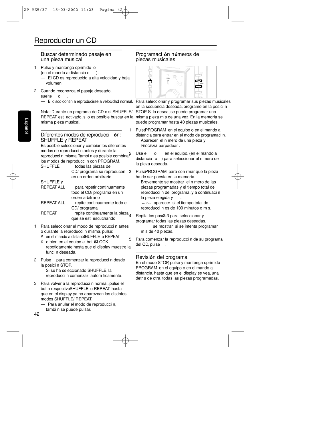 Philips MZ5 Reproductor un CD, Buscar determinado pasaje en una pieza musical, Programación números de piezas musicales 