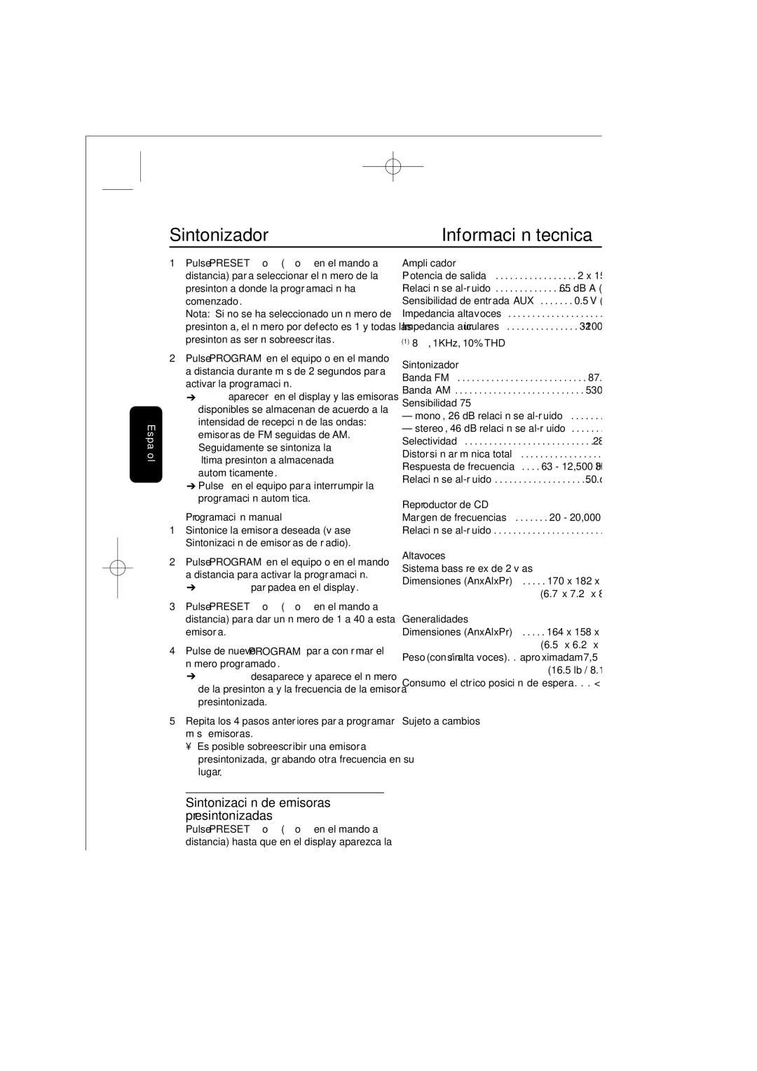 Philips MZ5 warranty Información tecnica, Sintonización de emisoras presintonizadas 