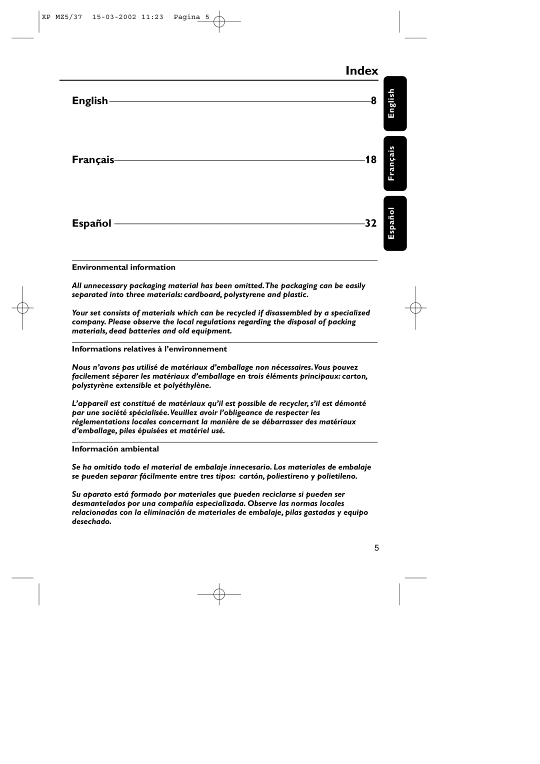 Philips MZ5 warranty Index, Environmental information, Informations relatives à l’environnement, Información ambiental 