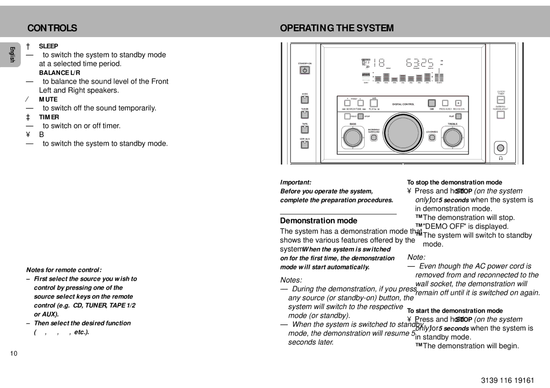 Philips MZ7 manual Operating the System, Demonstration mode, At a selected time period, To stop the demonstration mode 