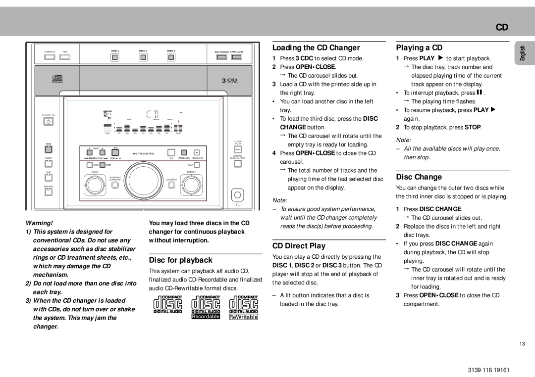 Philips MZ7 manual Loading the CD Changer, Playing a CD, Disc Change, Disc for playback, CD Direct Play 