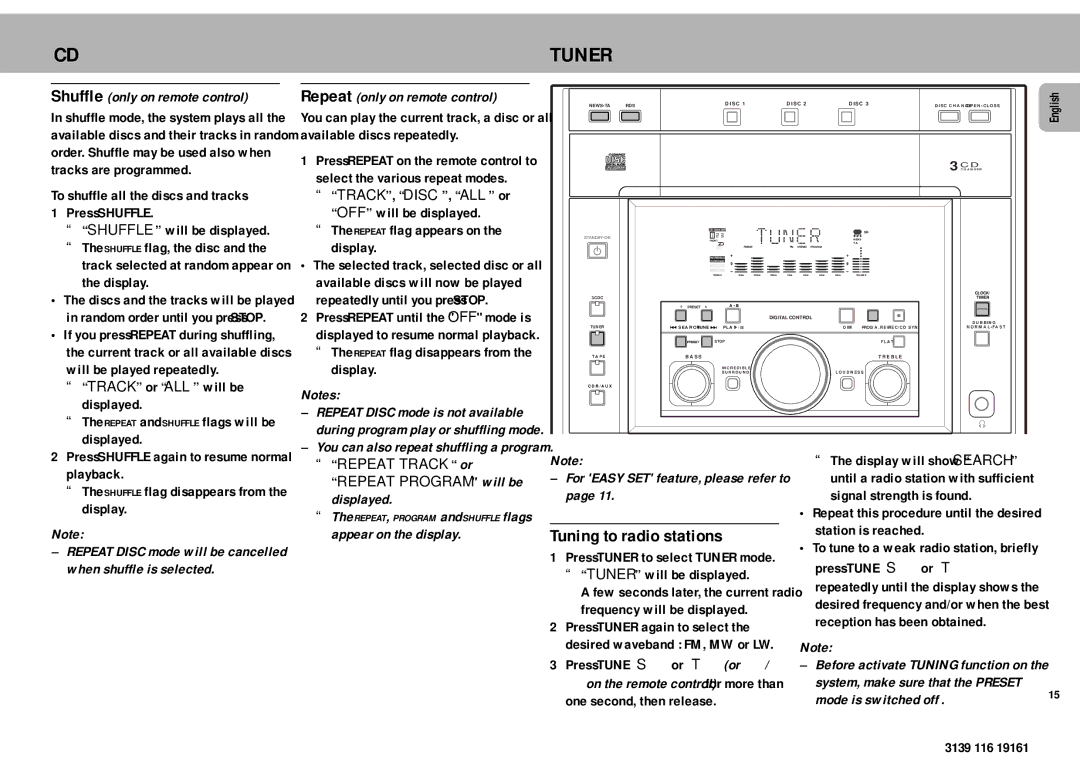 Philips MZ7 manual Tuner, Tuning to radio stations, Displayed, Appear on the display, For Easy SET feature, please refer to 