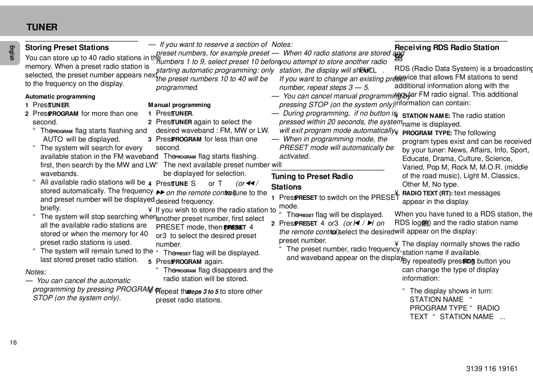 Philips MZ7 manual Storing Preset Stations, Tuning to Preset Radio Stations, Receiving RDS Radio Station 