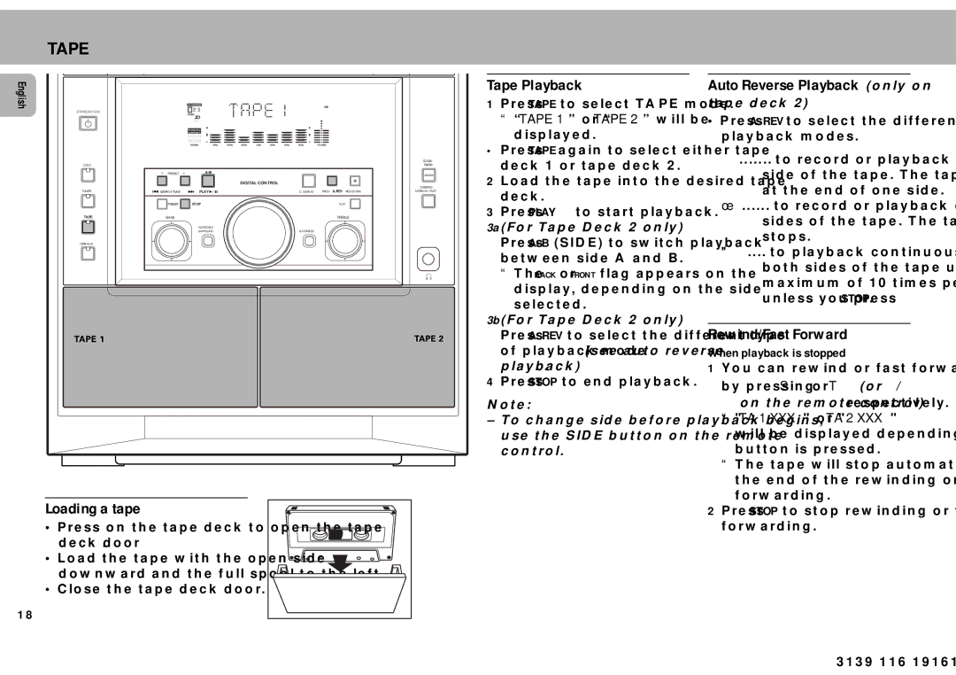 Philips MZ7 manual Tape Playback, Rewind/Fast Forward, Loading a tape 