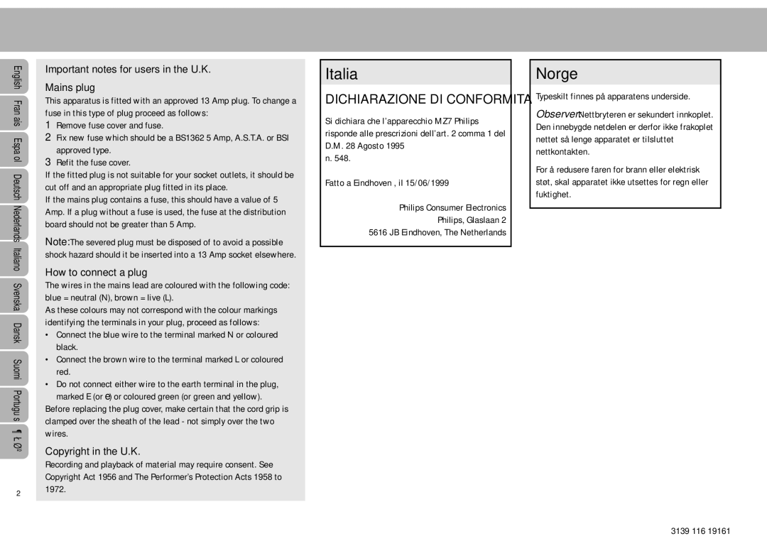 Philips MZ7 manual Important notes for users in the U.K Mains plug, How to connect a plug, Copyright in the U.K 