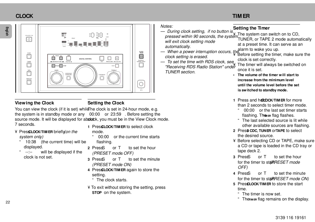 Philips MZ7 manual Setting the Timer, Viewing the Clock, Setting the Clock 