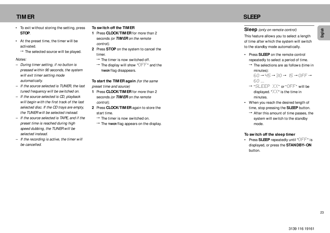 Philips MZ7 manual Sleep, If the recording is active, the timer will be cancelled, To switch off the Timer 