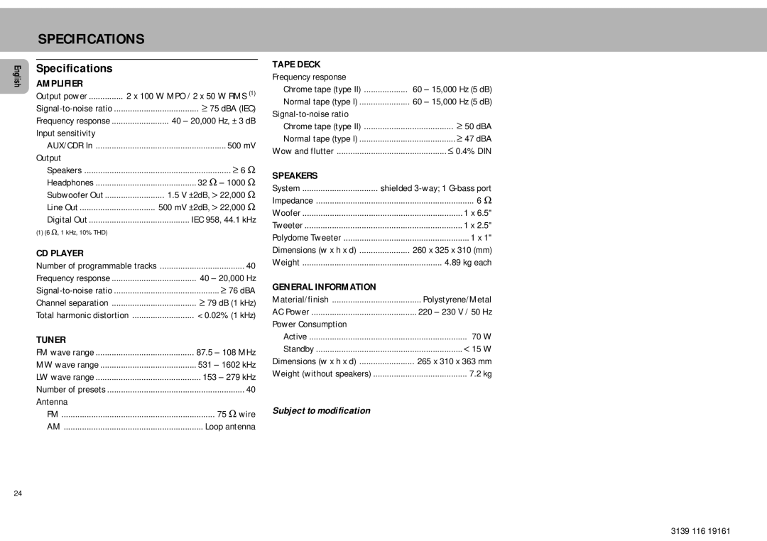 Philips MZ7 manual Specifications 