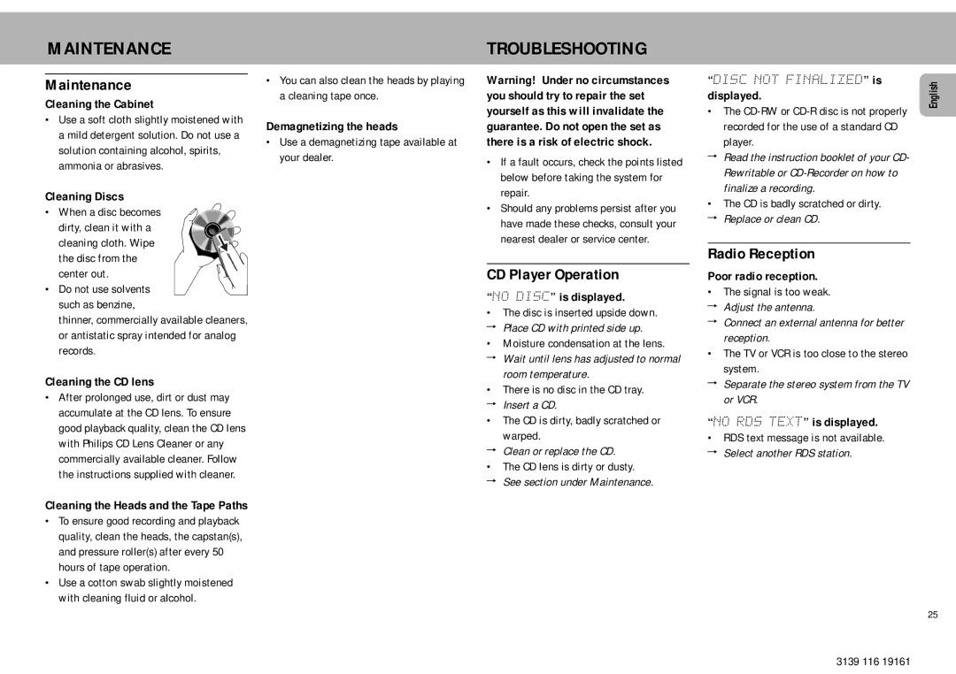 Philips MZ7 manual Maintenance, Troubleshooting, CD Player Operation, Radio Reception 