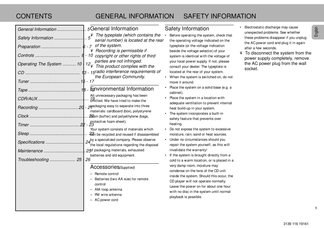 Philips MZ7 manual Contents General Information Safety Information 