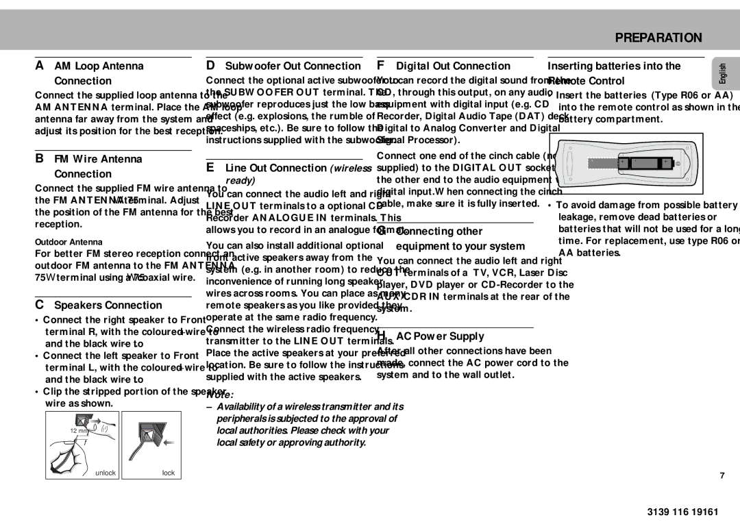 Philips MZ7 AM Loop Antenna Connection, Digital Out Connection, Inserting batteries into, Remote Control, Connecting other 