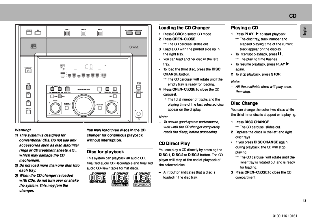 Philips MZ7 manual Loading the CD Changer, Playing a CD, Disc Change, Disc for playback, CD Direct Play, 2Press OPENCLOSE 