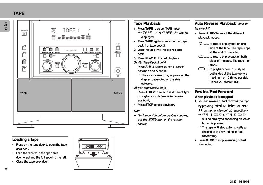 Philips MZ7 manual Tape Playback, Rewind/Fast Forward, Loading a tape, 3a For Tape Deck 2 only, 3b For Tape Deck 2 only 