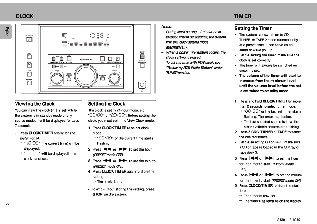 Philips MZ7 manual Setting the Timer, Viewing the Clock, Setting the Clock, 1Press CLOCK/TIMER to select clock mode 