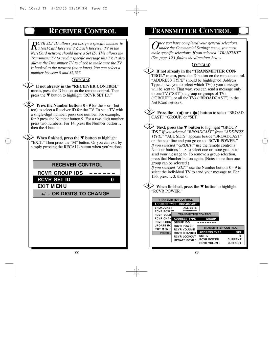 Philips Network Adaper owner manual Transmitter Control, When finished, press the button to highlight Rcvr Power 