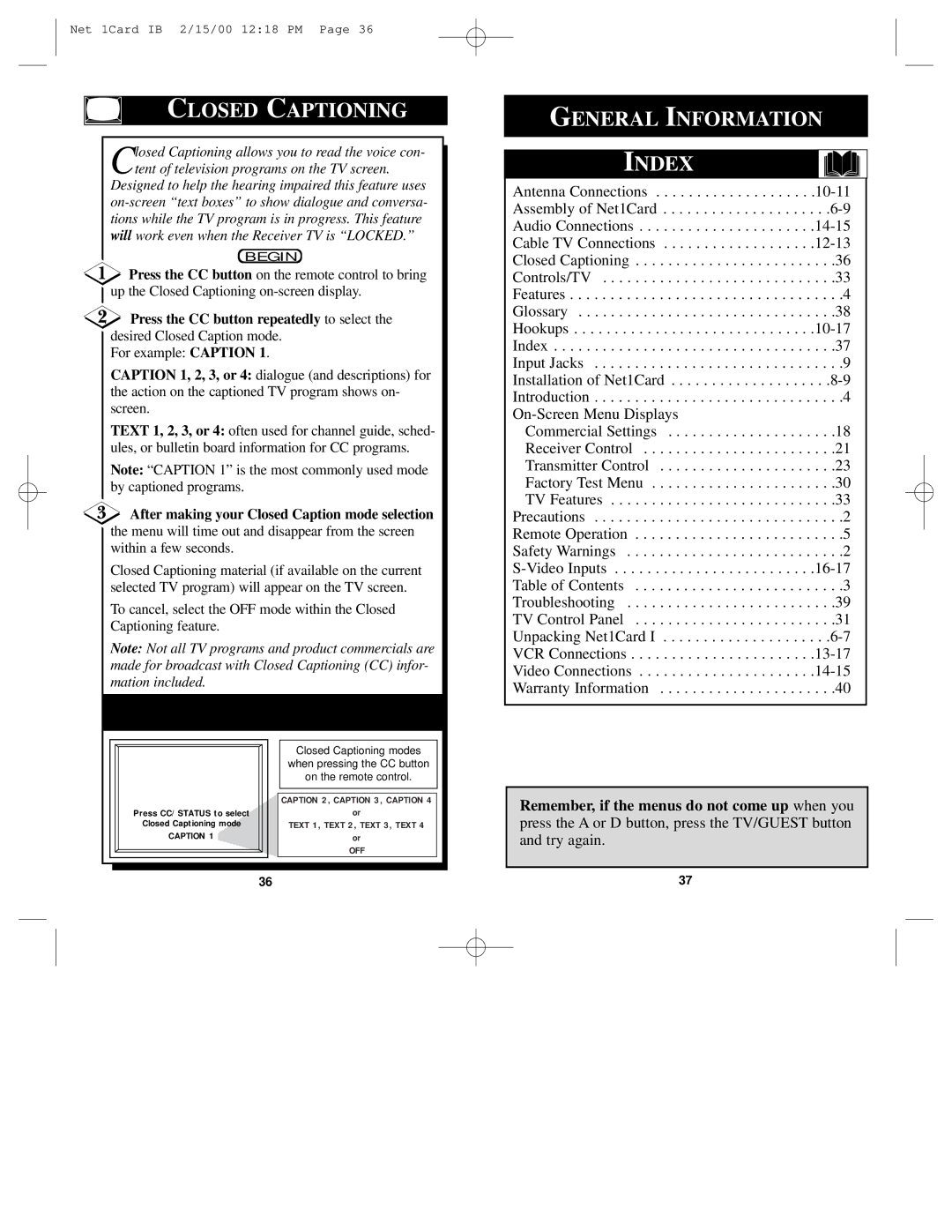 Philips Network Adaper Closed Captioning, General Information Index, After making your Closed Caption mode selection 