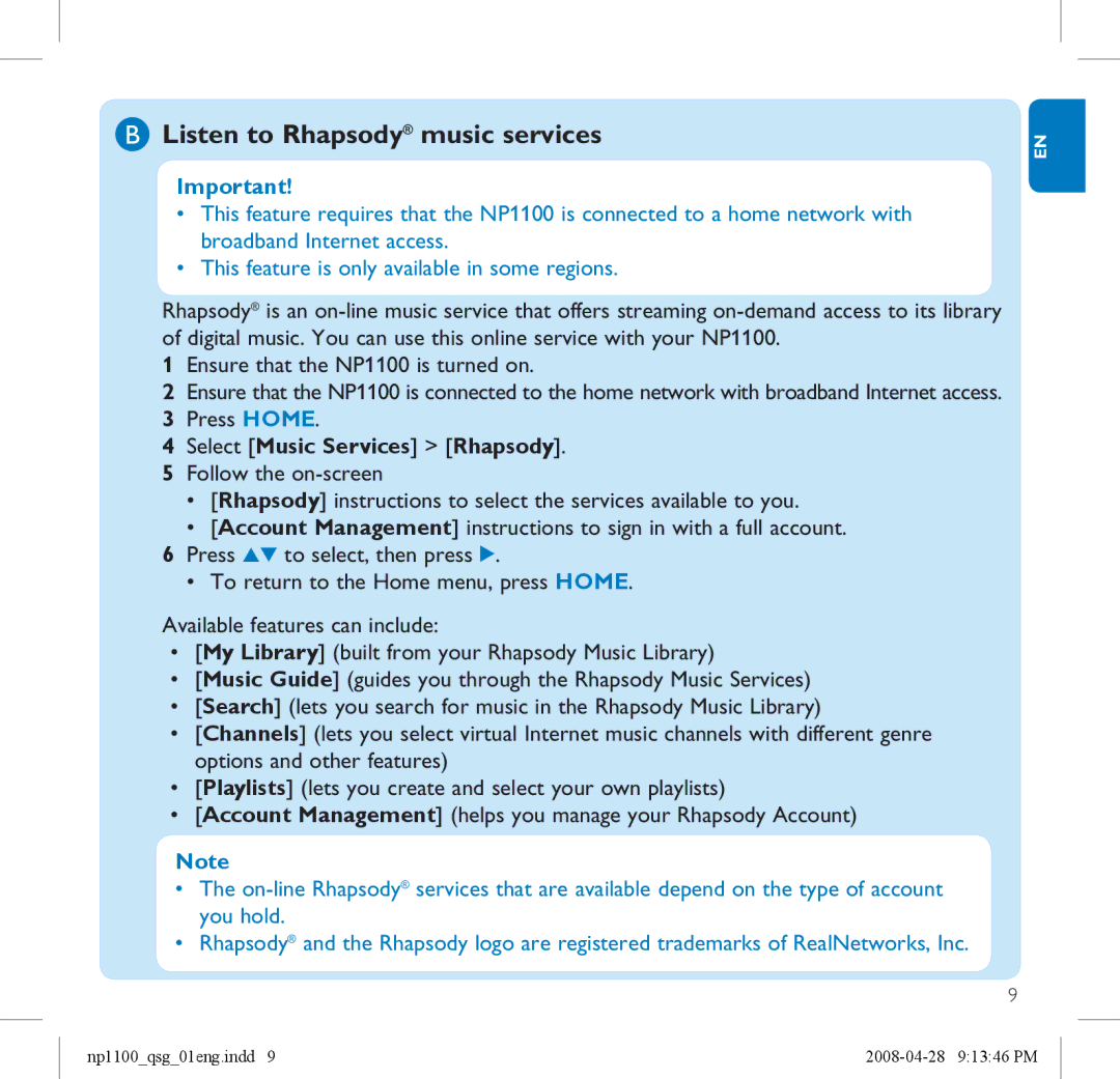 Philips NP1100 quick start Listen to Rhapsody music services, Select Music Services Rhapsody 