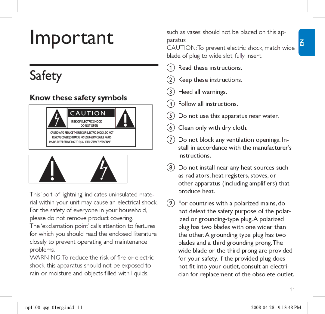 Philips NP1100 quick start Safety, Know these safety symbols 