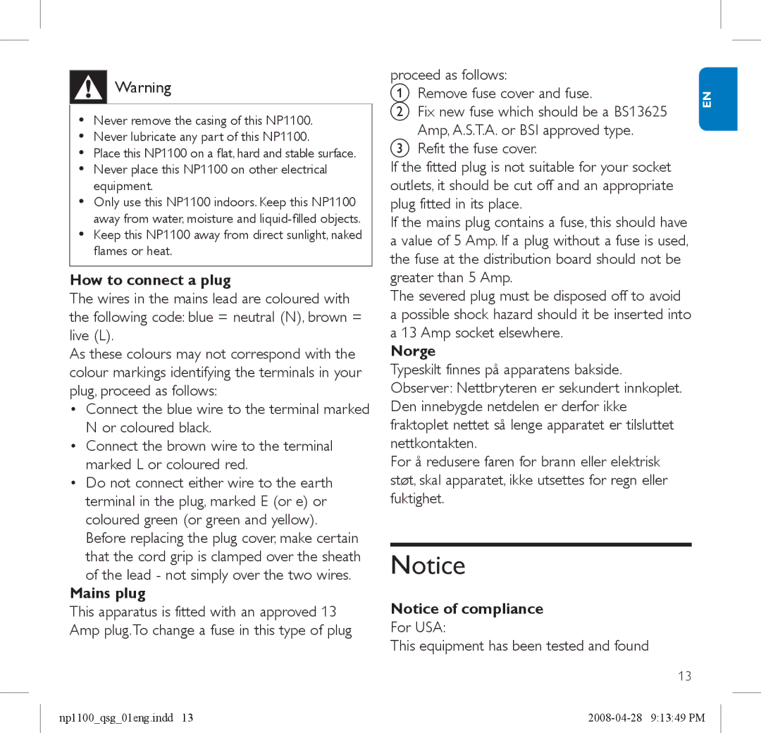 Philips NP1100 quick start How to connect a plug, Mains plug, Norge 