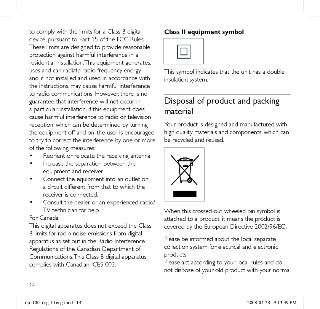 Philips NP1100 quick start Disposal of product and packing material, Class II equipment symbol 