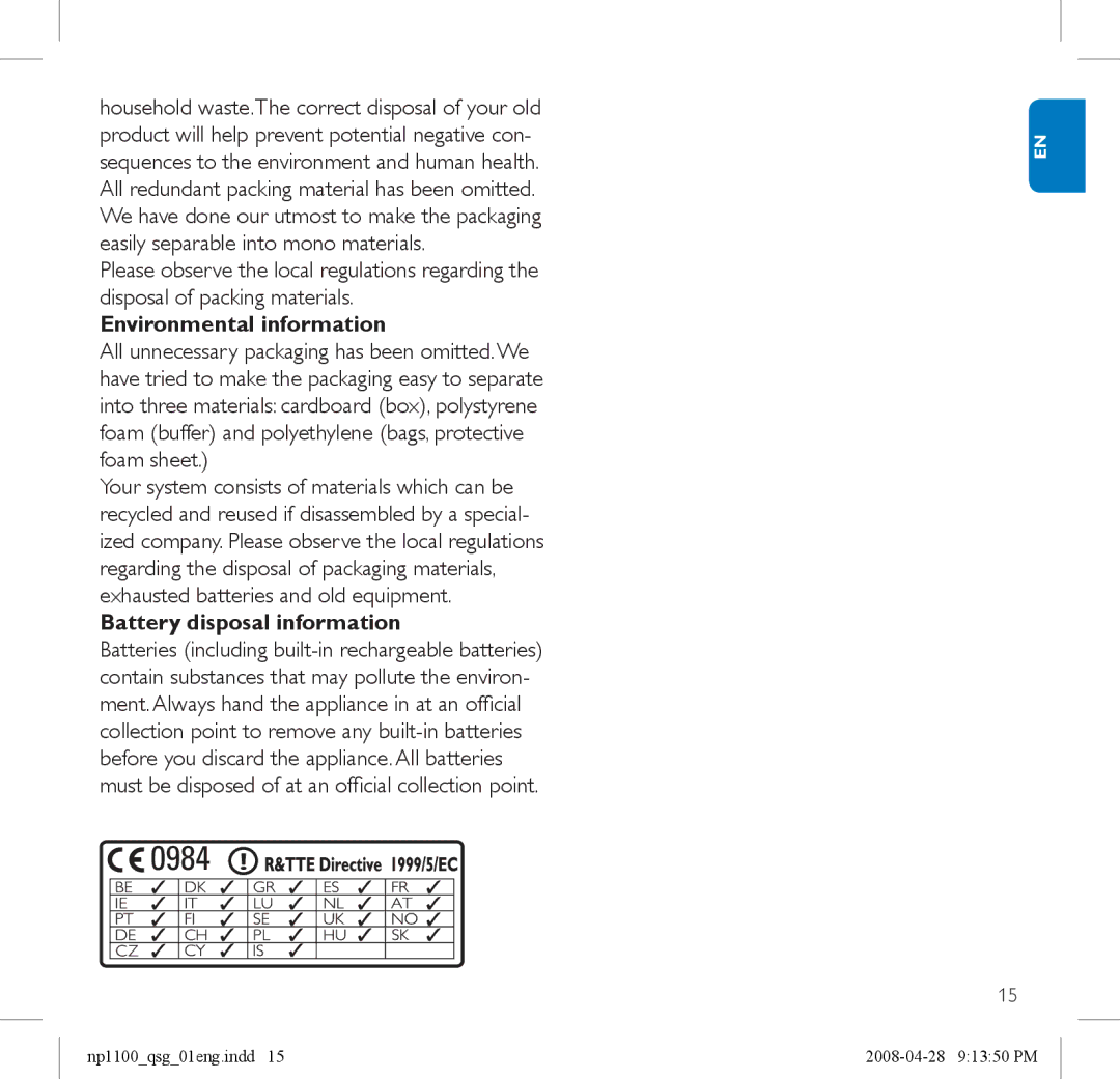 Philips NP1100 quick start Environmental information, Battery disposal information 