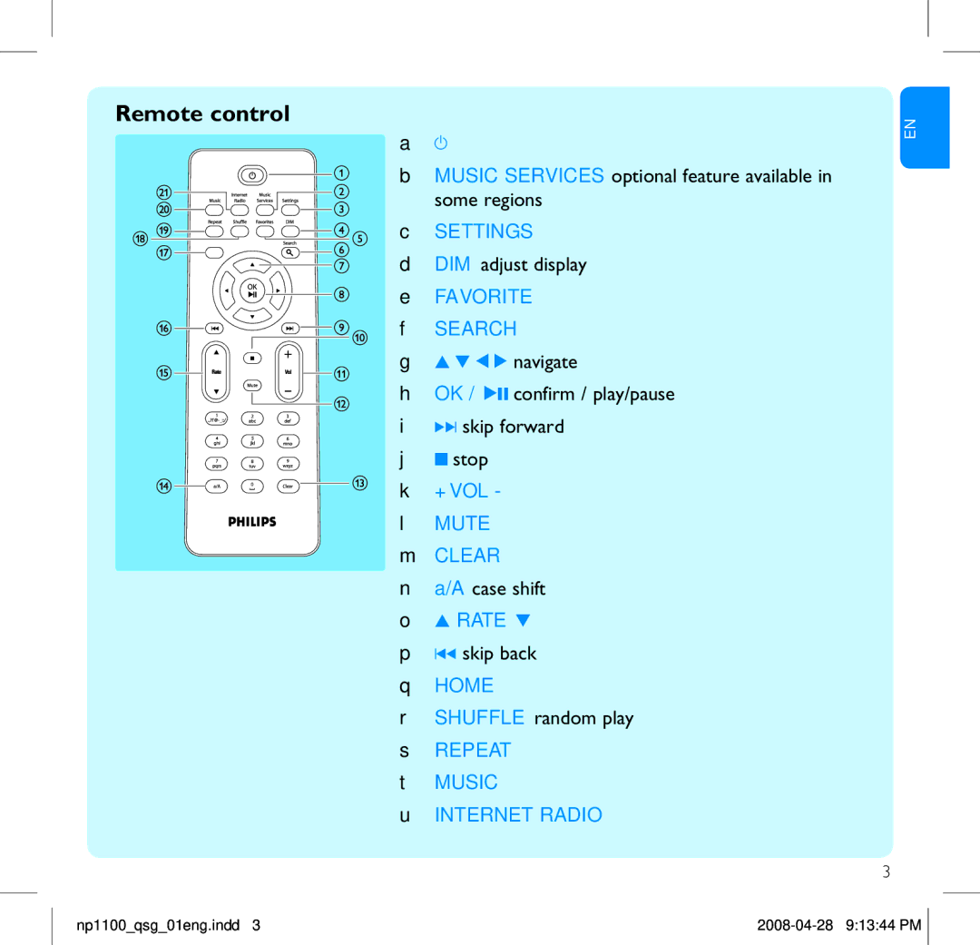 Philips NP1100 quick start Remote control 