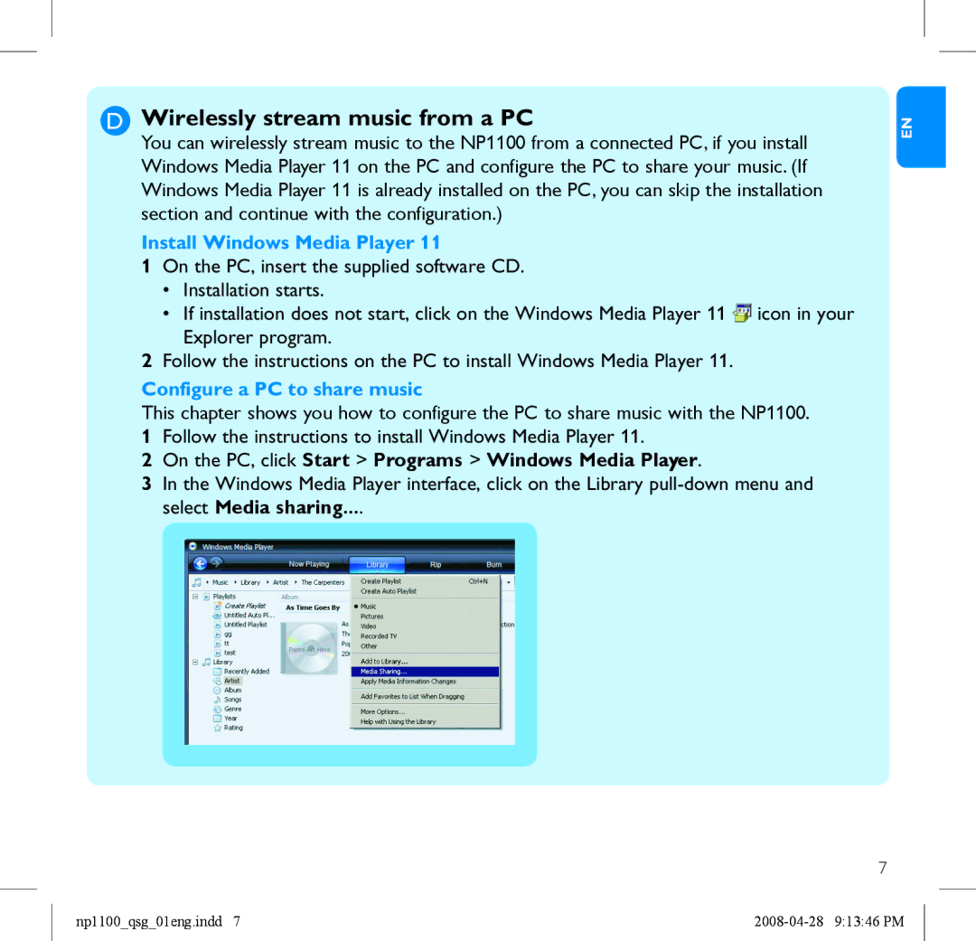 Philips NP1100 quick start Wirelessly stream music from a PC, On the PC, click Start Programs Windows Media Player 