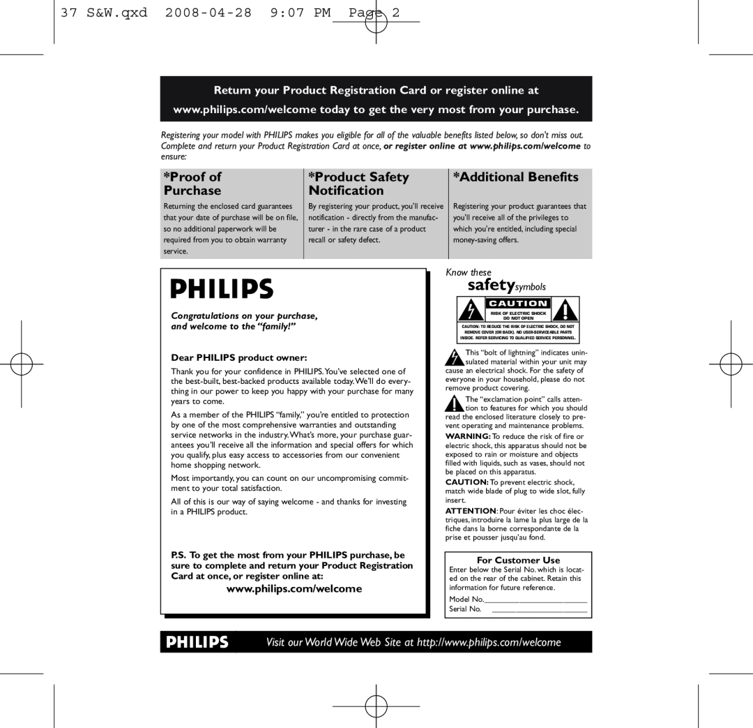 Philips NP1100 37 S&W.qxd 2008-04-28 907 PM Page, Proof of Purchase, Product Safety Notification, Additional Benefits 