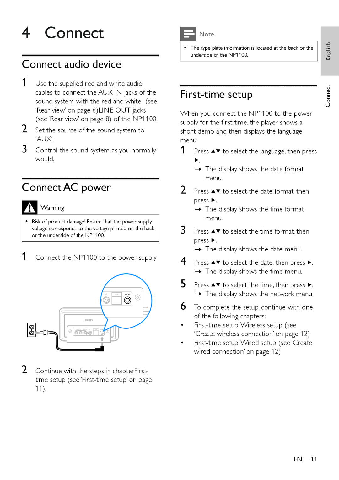 Philips NP1100/12 user manual Connect audio device, Connect AC power, First-time setup, Display shows the time menu 