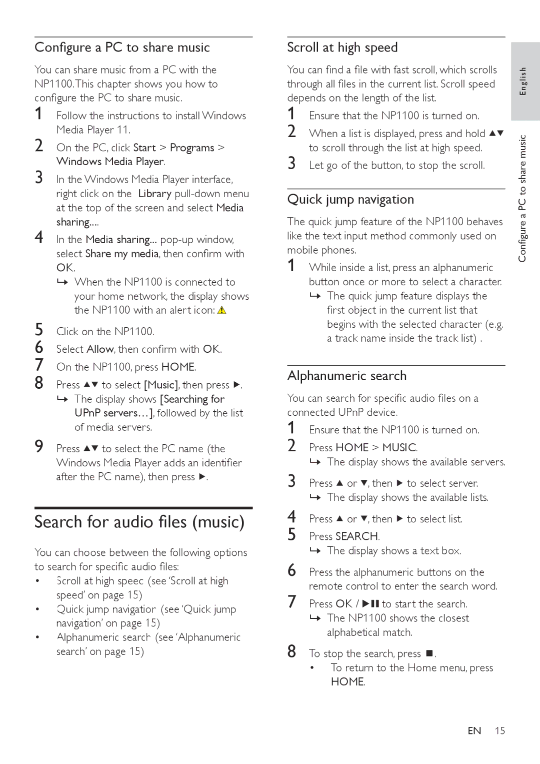 Philips NP1100/12 Search for audio files music, Configure a PC to share music, Scroll at high speed, Quick jump navigation 