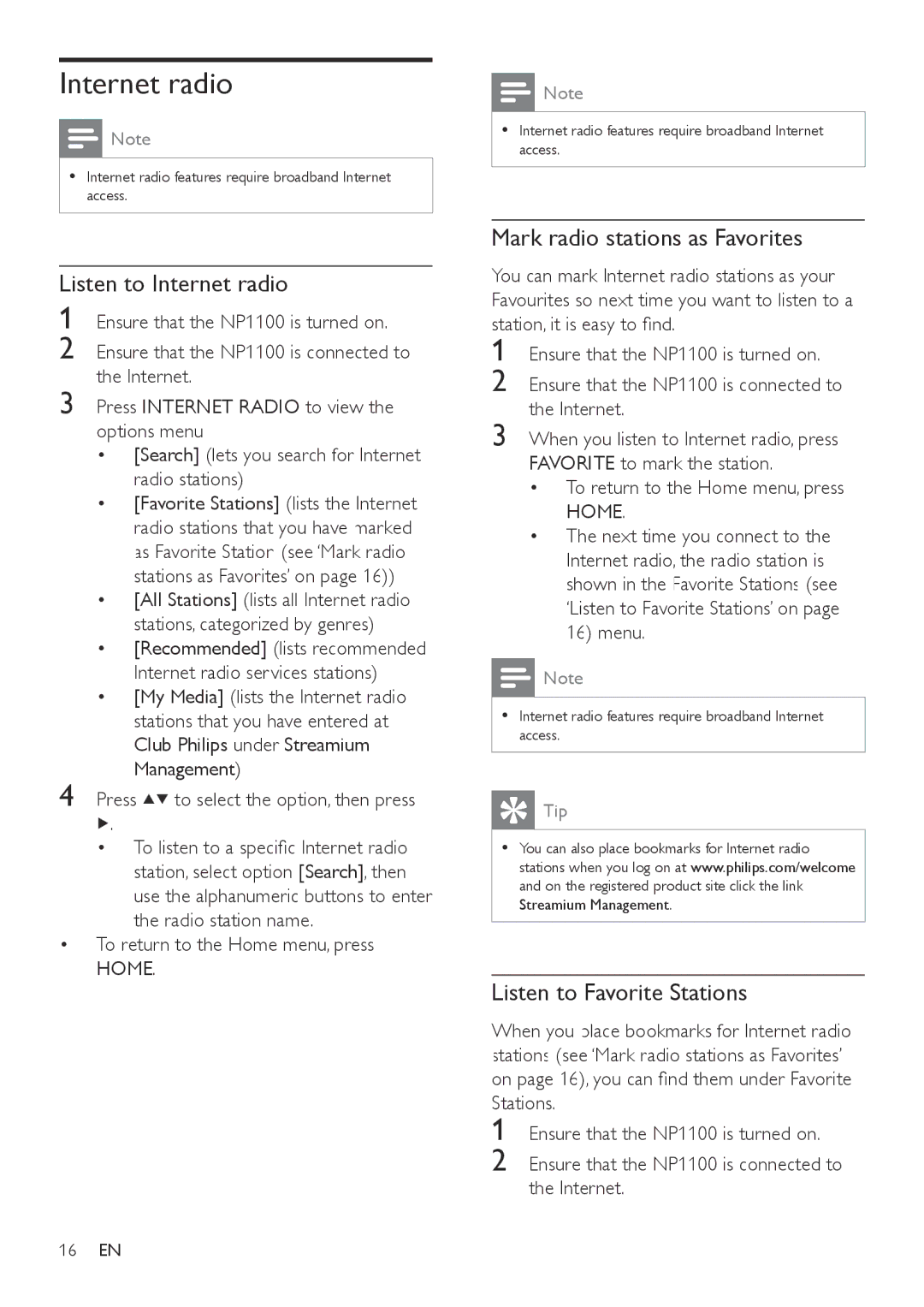 Philips NP1100/12 user manual Listen to Internet radio, Mark radio stations as Favorites, Listen to Favorite Stations 