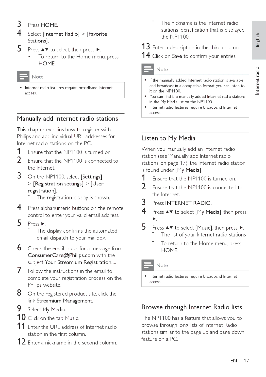 Philips NP1100/12 user manual Manually add Internet radio stations, Listen to My Media, Browse through Internet Radio lists 