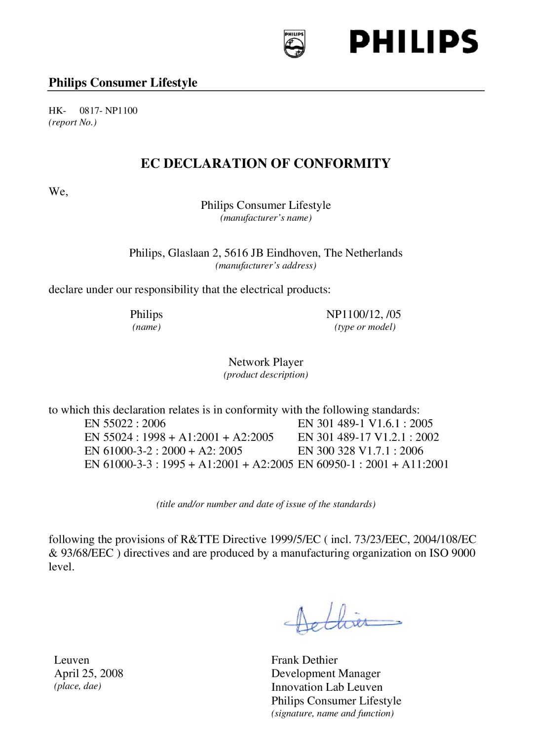 Philips NP1100/12 user manual EC Declaration of Conformity 