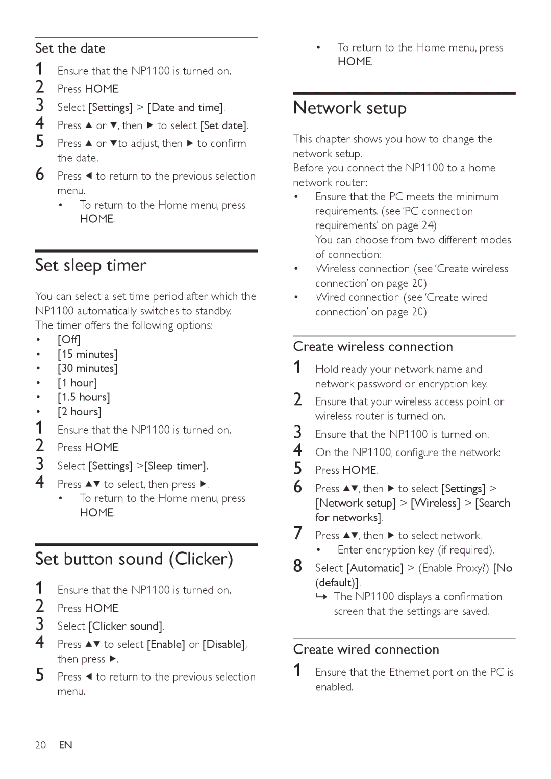Philips NP1100/12 user manual Set sleep timer, Set button sound Clicker, Network setup, Set the date 