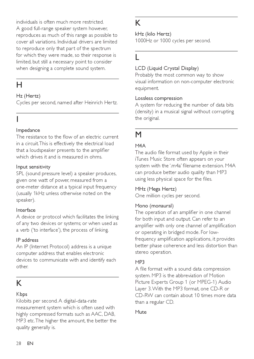 Philips NP1100/12 user manual M4A, MHz Mega Hertz One million cycles per second Mono monaural, MP3 