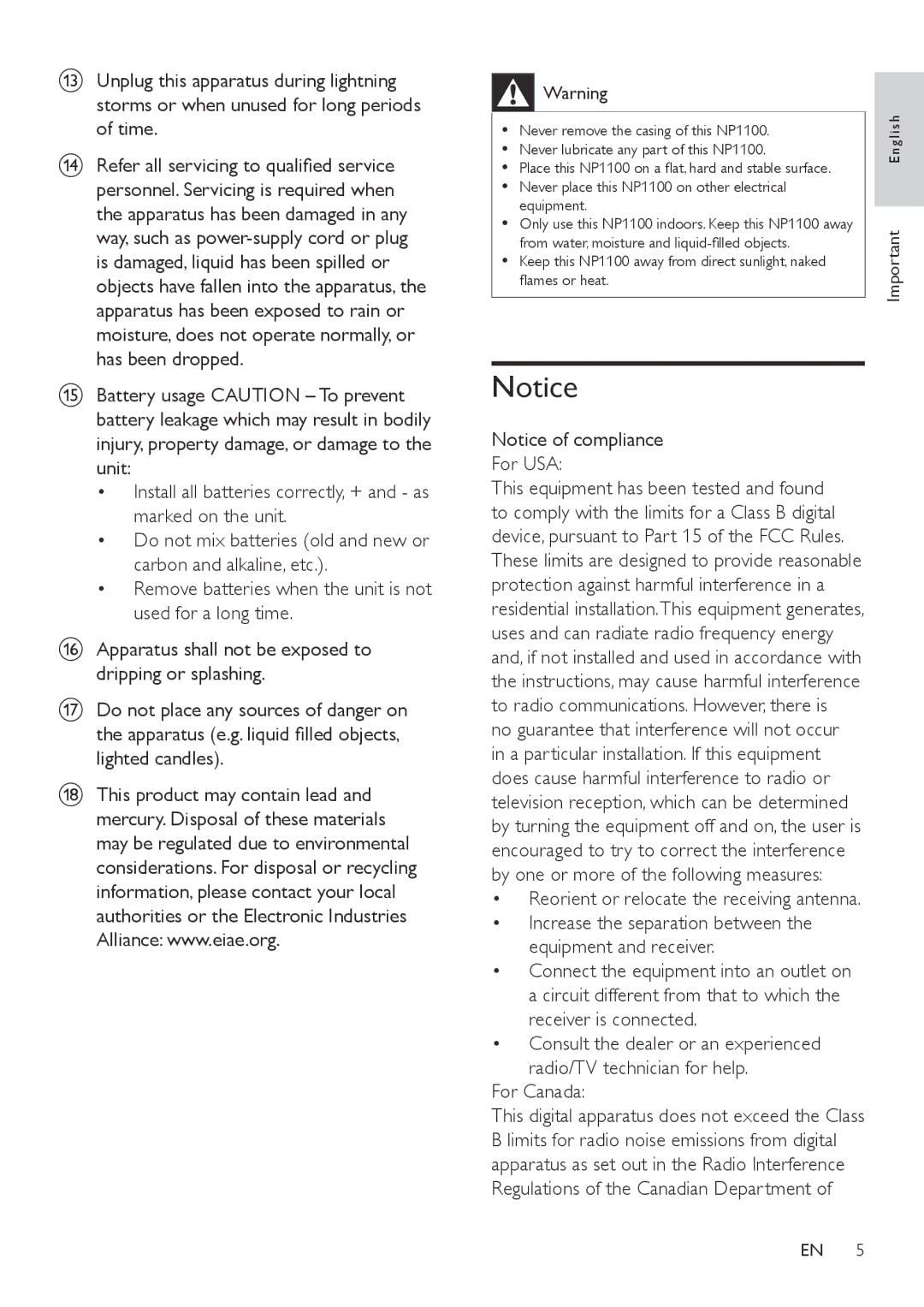 Philips NP1100/12 user manual For USA, Reorient or relocate the receiving antenna, For Canada 