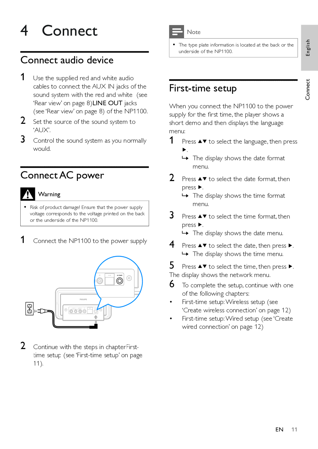 Philips NP1100/37 user manual Connect audio device, Connect AC power, First-time setup 