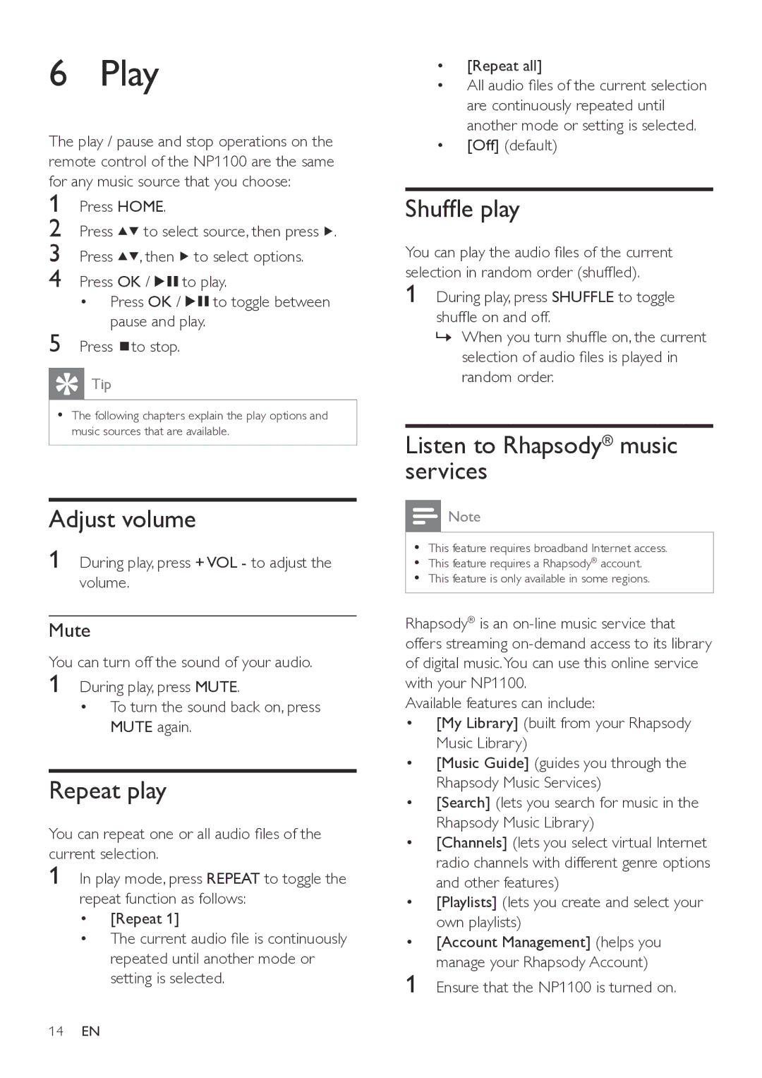 Philips NP1100/37 user manual Shuffle play, Listen to Rhapsody music services, Repeat all, Off default 