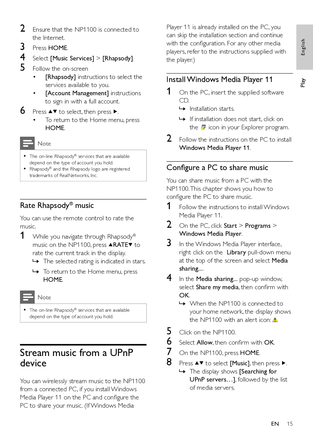 Philips NP1100/37 user manual Stream music from a UPnP device, Rate Rhapsody music, Install Windows Media Player 