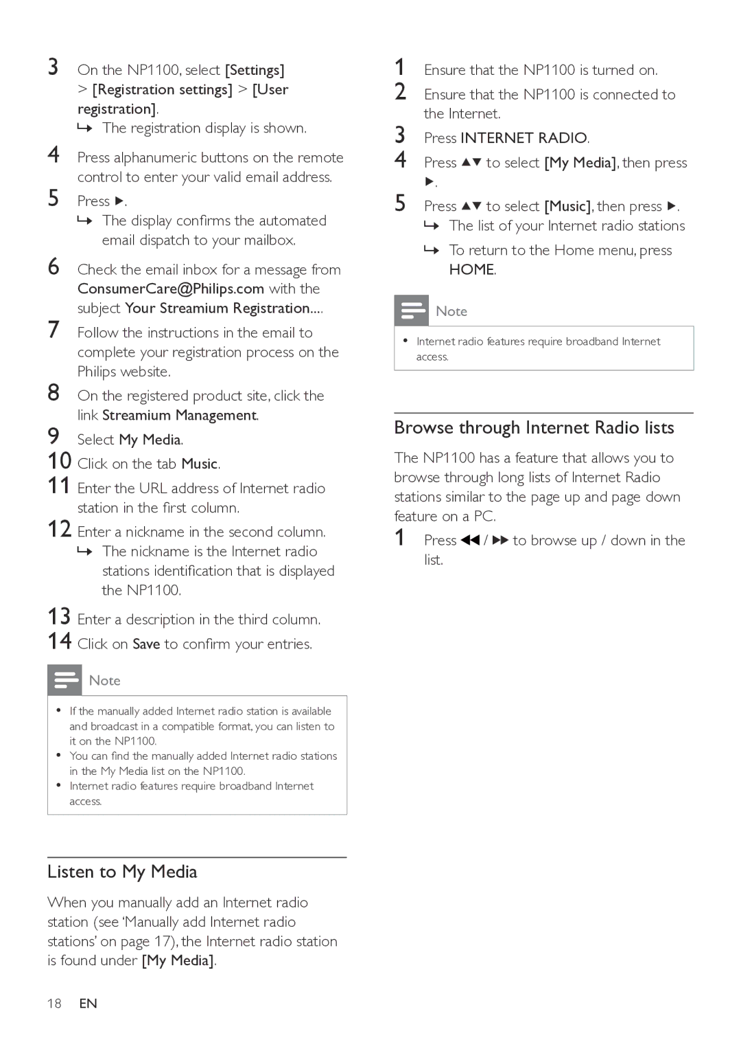 Philips NP1100/37 user manual Listen to My Media, Browse through Internet Radio lists, Press Internet Radio 