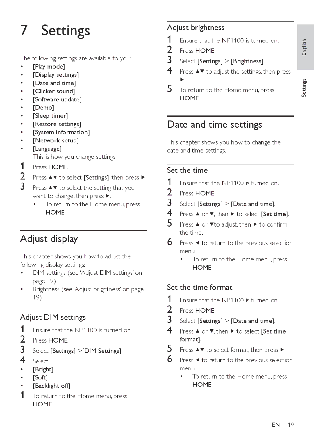 Philips NP1100/37 user manual Settings, Adjust display, Date and time settings 