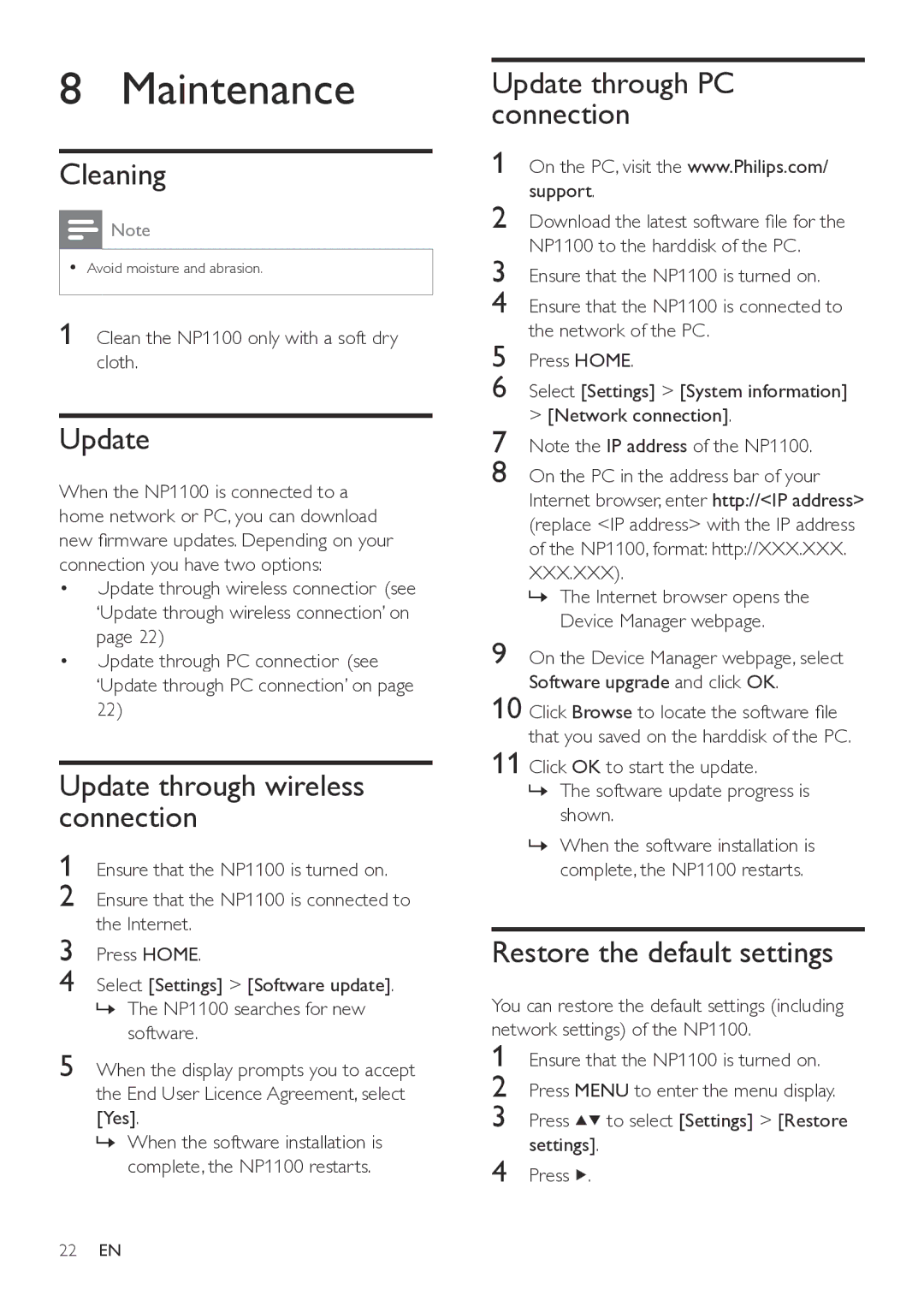 Philips NP1100/37 user manual Maintenance 