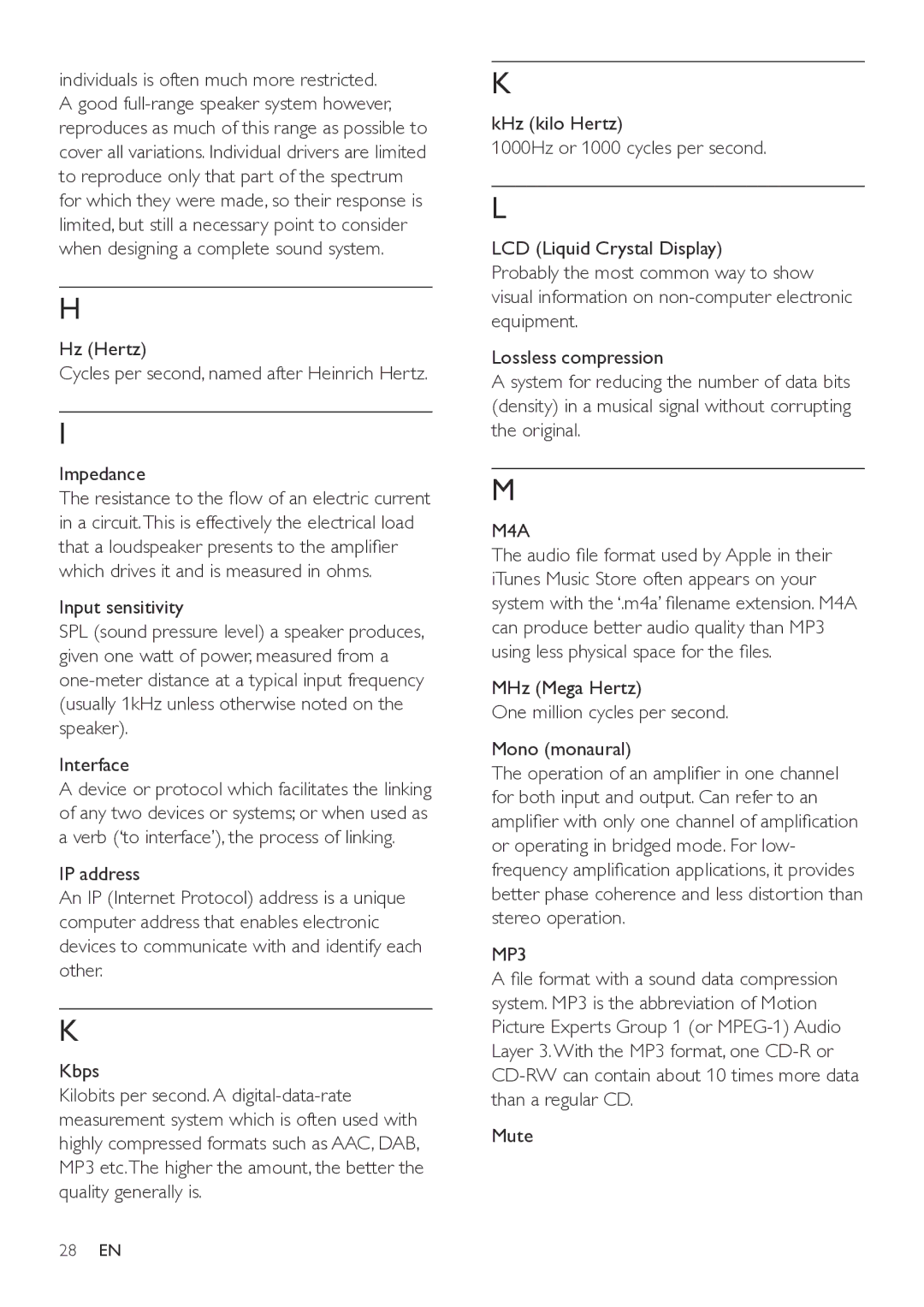 Philips NP1100/37 user manual M4A, MHz Mega Hertz One million cycles per second Mono monaural, MP3 