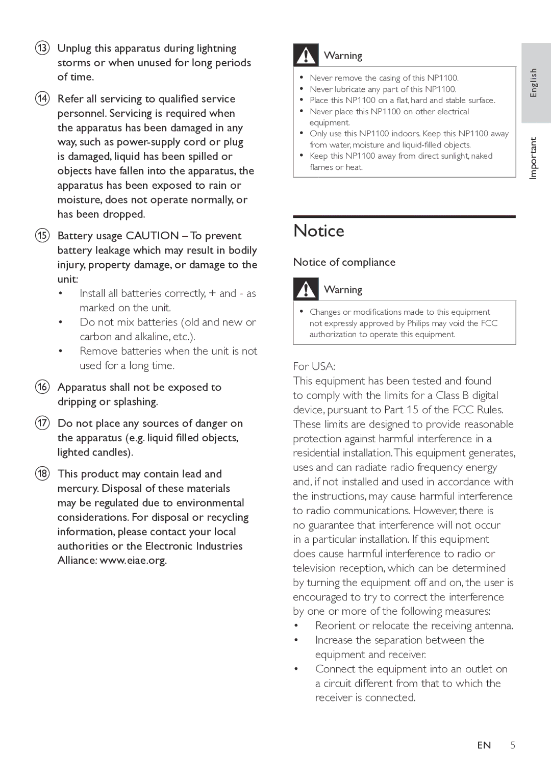 Philips NP1100/37 user manual For USA, Reorient or relocate the receiving antenna 