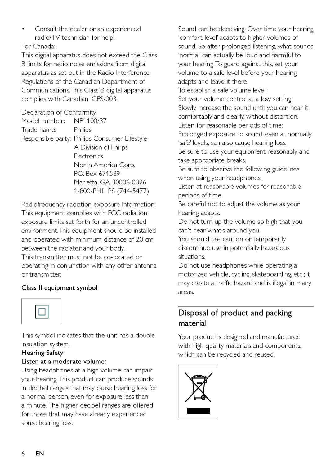 Philips NP1100/37 user manual Disposal of product and packing material, For Canada, Declaration of Conformity Model number 