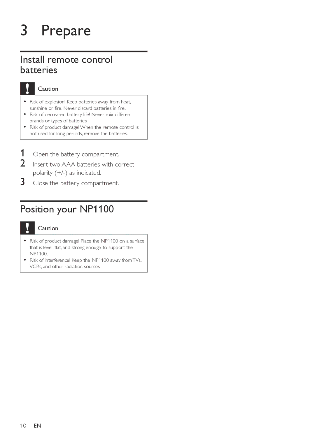 Philips NP1100/37 user manual Prepare, Install remote control batteries, Position your NP1100 