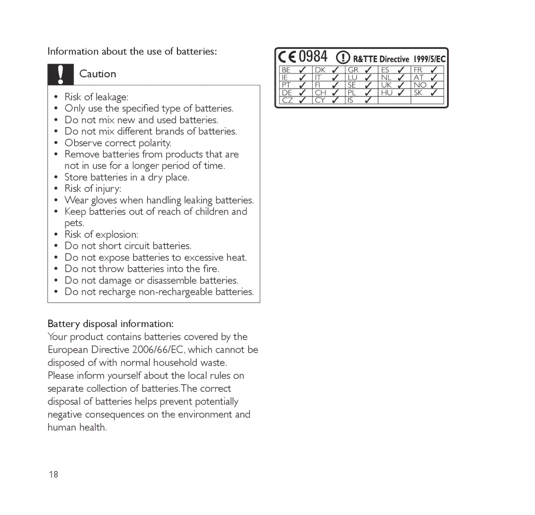 Philips NP2500/37B Information about the use of batteries, Risk of leakage, Do not throw batteries into the fire 